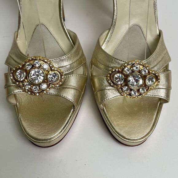 Brian Atwood Crystal Embellished High Heels Metallic Gold Ankle Strap Italy 38 8 - Picture 5 of 12